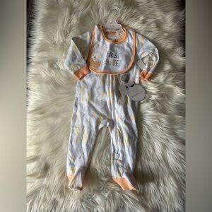 Koala Kids Bunny 'First Easter' One-Piece with Bib - Peach Trim